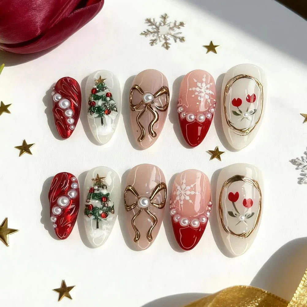Press-On Nail Set Holiday Designs Glossy Long-Lasting Multiple Sizes