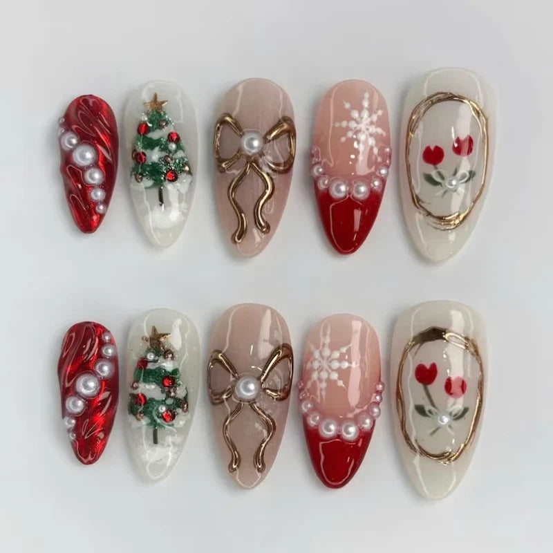 Press-On Nail Set Holiday Designs Glossy Long-Lasting Multiple Sizes
