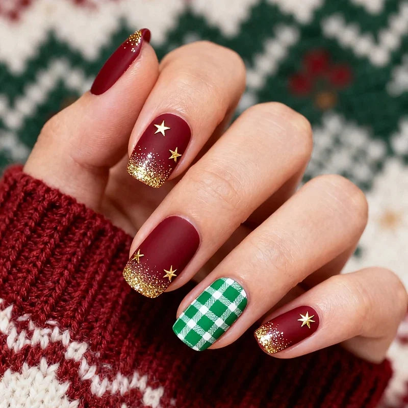 Press-On Nail Set Holiday Glitter Adhesive Strips Reusable