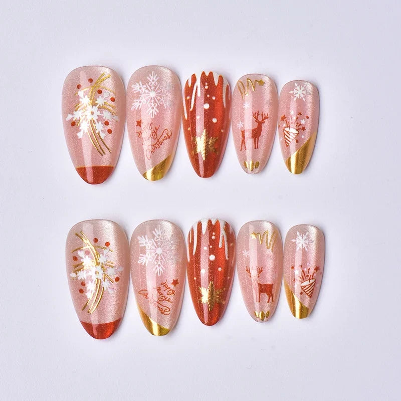 Press-On Nail Set No-Glue Holiday Snowflake & Gold Accents