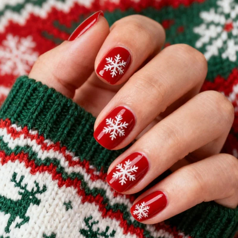Press-On Nail Set Red Snowflake 24-Piece With Glue & Template