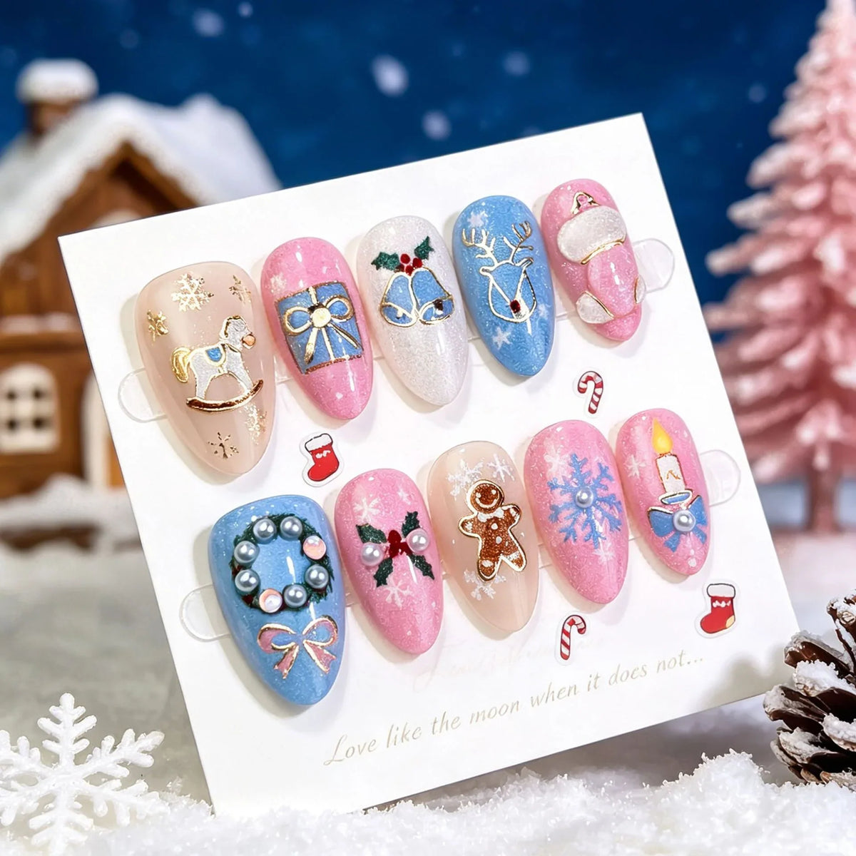 Press-On Nail Set Ten Festive Designs Non-Toxic Easy Application