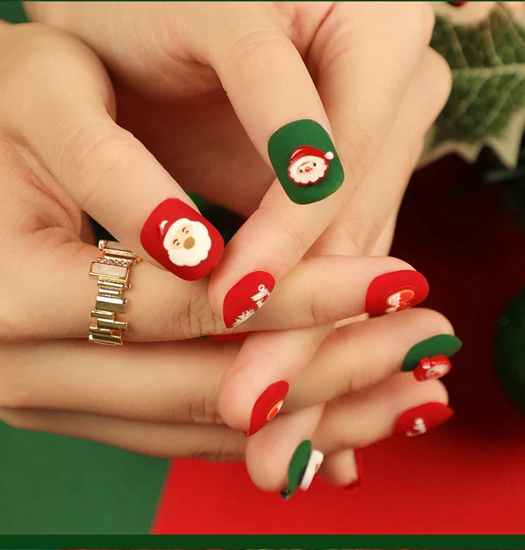 Press-On Nails Festive Santa & Snowflake Blue Glue-On