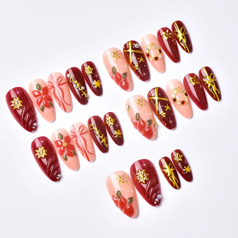 Press-On Nails Poinsettia Floral Metallic Accents Peel-And-Stick