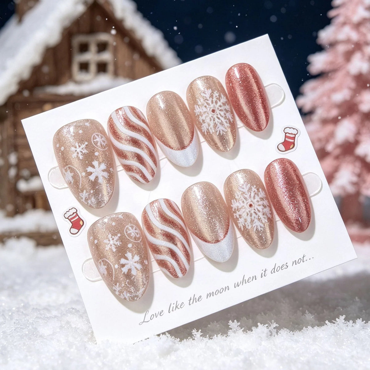 Press-On Nails Snowflake & Rose-Gold Accents Long-Lasting Wear