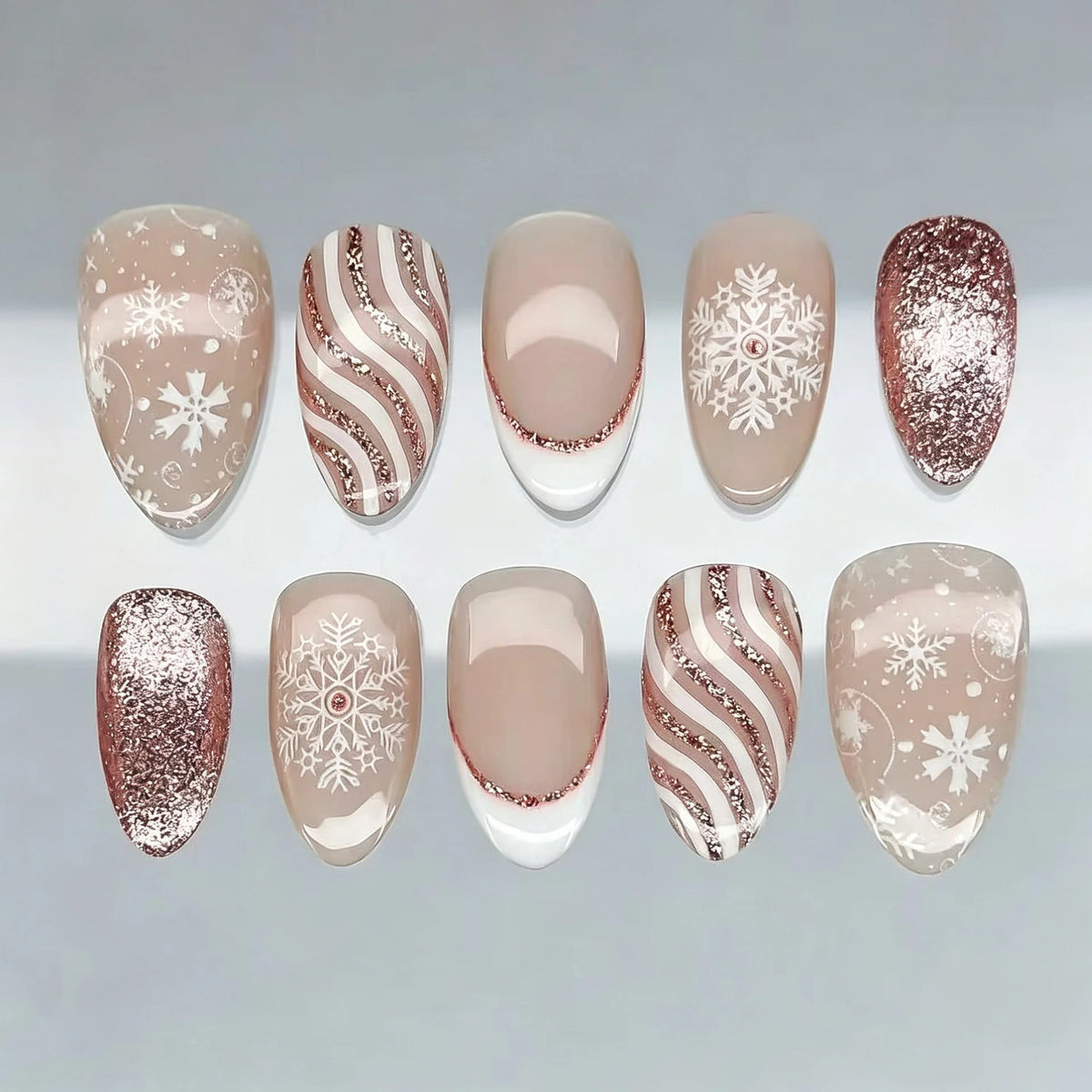 Press-On Nails Snowflake & Rose-Gold Accents Long-Lasting Wear