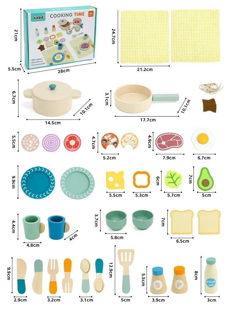 Pretend Cooking Set Wooden Cookware & Fabric Dining Accessories