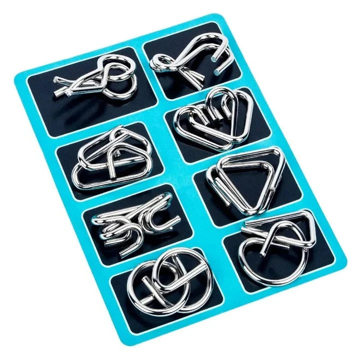 Puzzle Set Metal Brain Teasers 8-Piece With Solution Guide