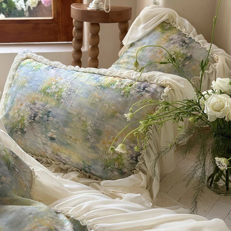Quilted Bed Set Watercolor Floral & Ruffled Trim
