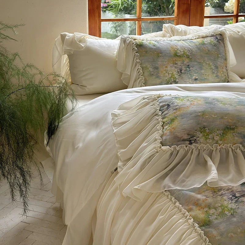 Quilted Bed Set Watercolor Floral & Ruffled Trim