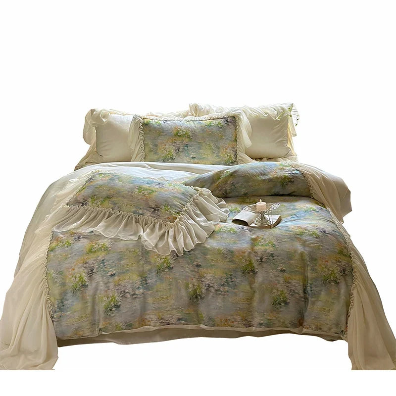 Quilted Bed Set Watercolor Floral & Ruffled Trim