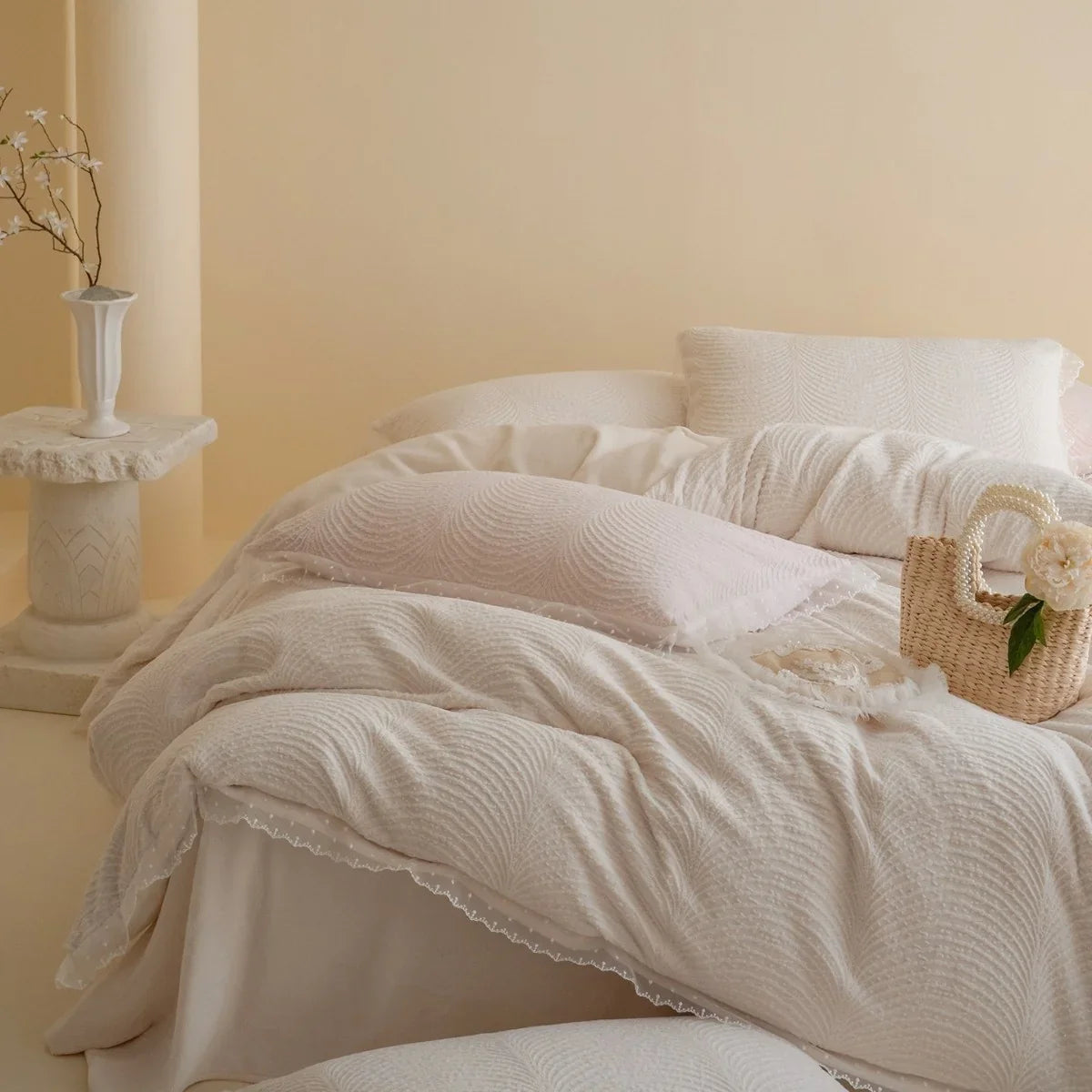 Quilted Bed Set Wave Quilting & Lace Trim