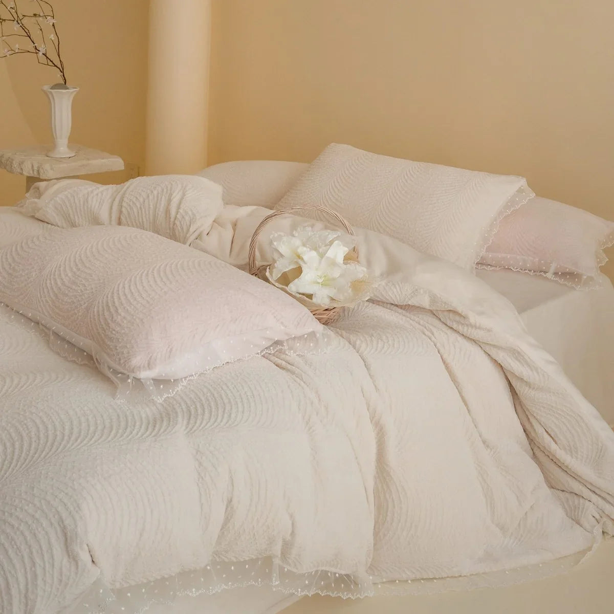 Quilted Bed Set Wave Quilting & Lace Trim
