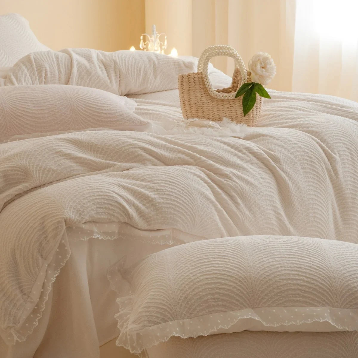 Quilted Bed Set Wave Quilting & Lace Trim