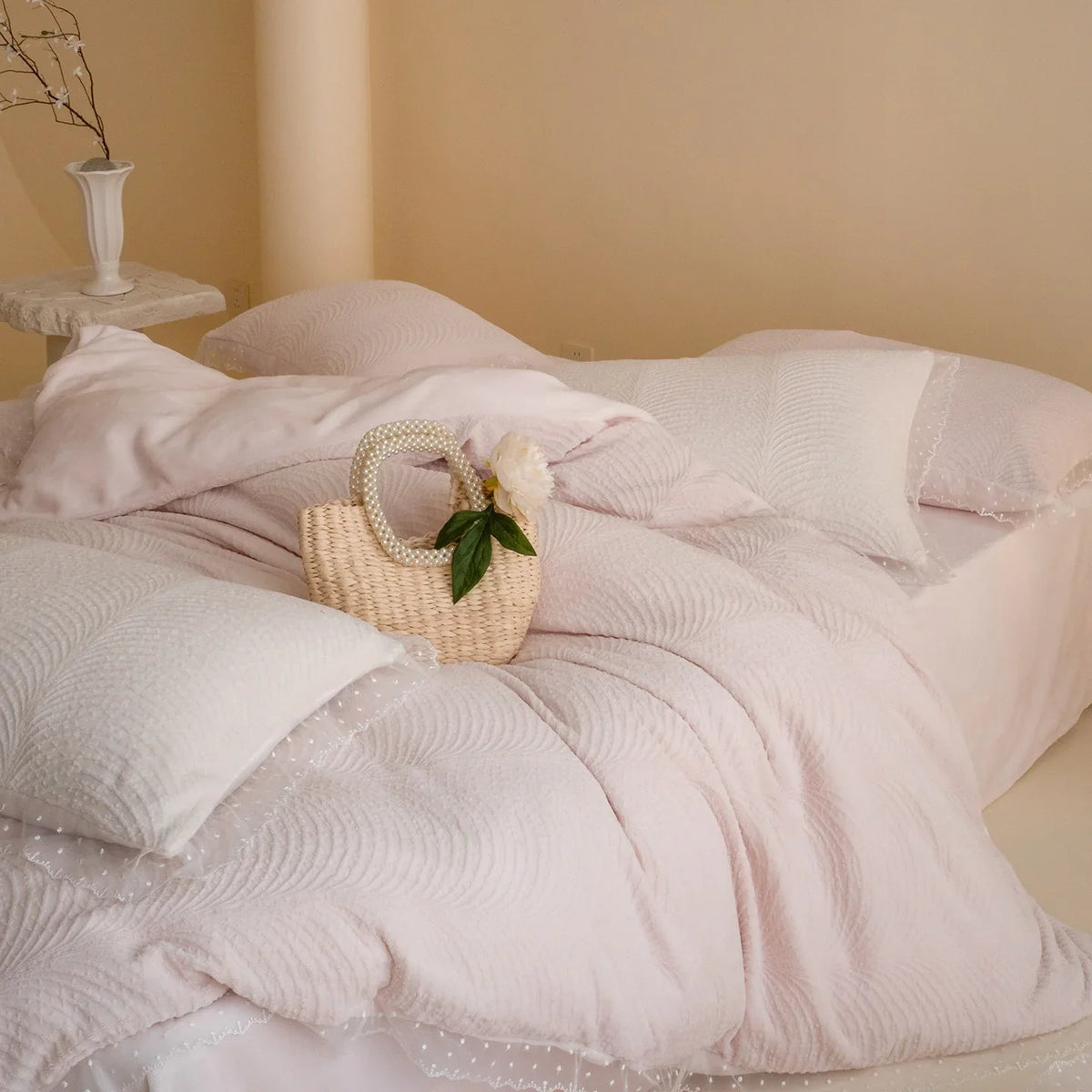 Quilted Bed Set Wave Quilting & Lace Trim