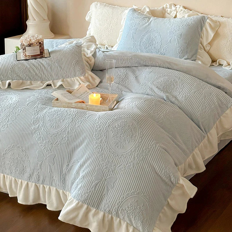 Quilted Bedding Set Breathable Jacquard Medallion & Ruffle Accents