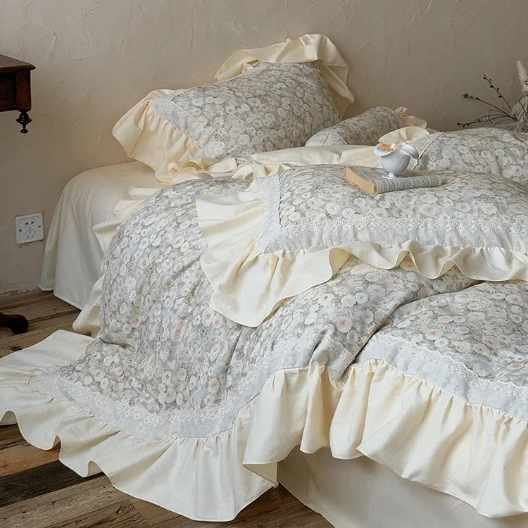 Quilted Bedding Set Floral Jacquard & Ruffled Edges