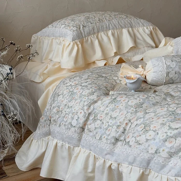 Quilted Bedding Set Floral Jacquard & Ruffled Edges