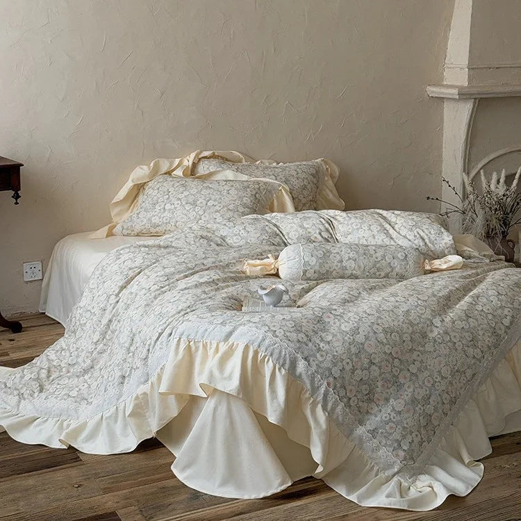Quilted Bedding Set Floral Jacquard & Ruffled Edges