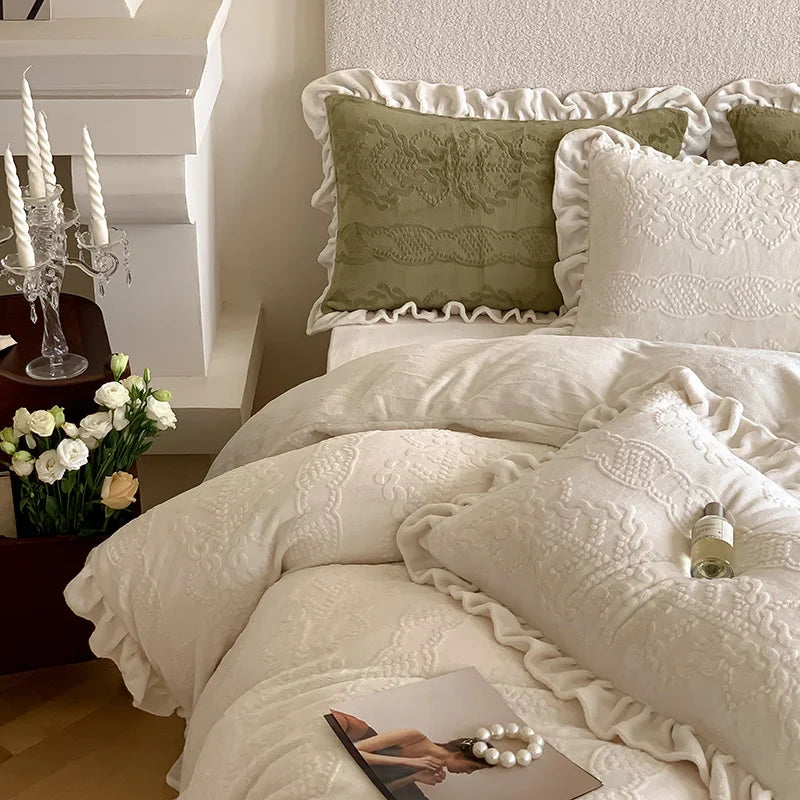 Quilted Bedding Set Tone-On-Tone Floral Embroidery Ruffled Hem