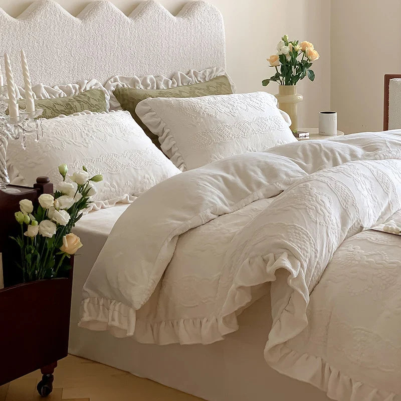 Quilted Bedding Set Tone-On-Tone Floral Embroidery Ruffled Hem