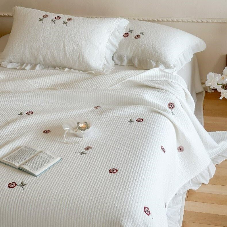 Quilted Bedspread Cotton Percale Floral Embroidery & Ruffle Border