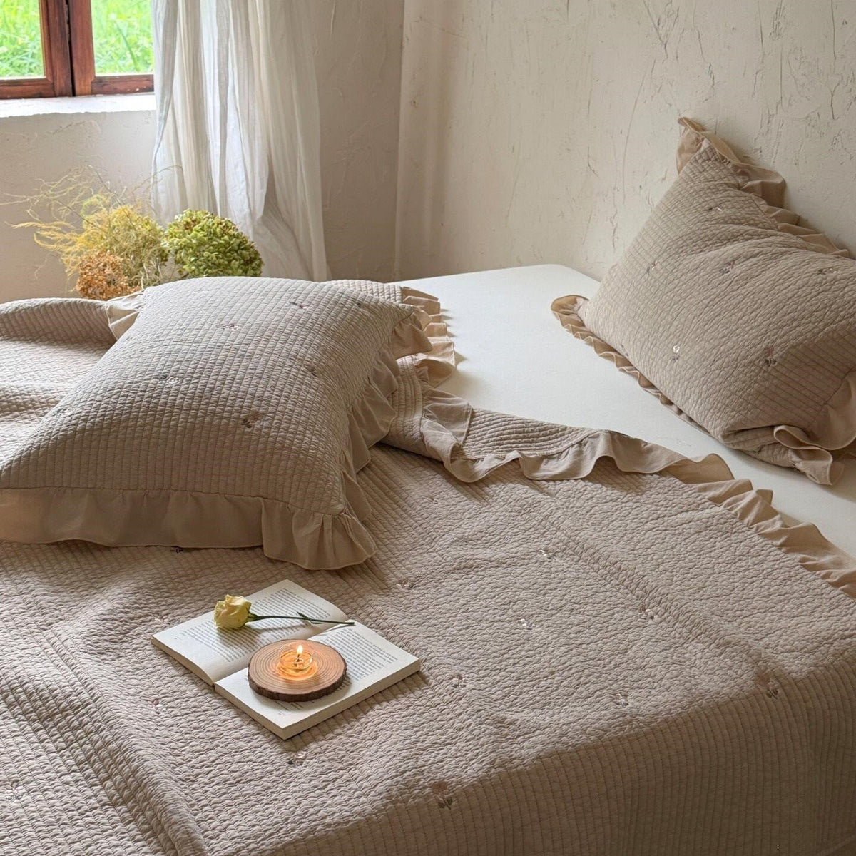 Quilted Bedspread Cotton Percale Floral Embroidery & Ruffle Border