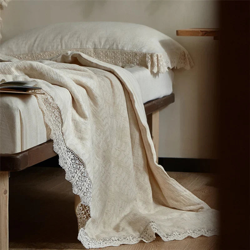 Quilted Bedspread Washed Linen Look Breathable Crochet Lace Trim