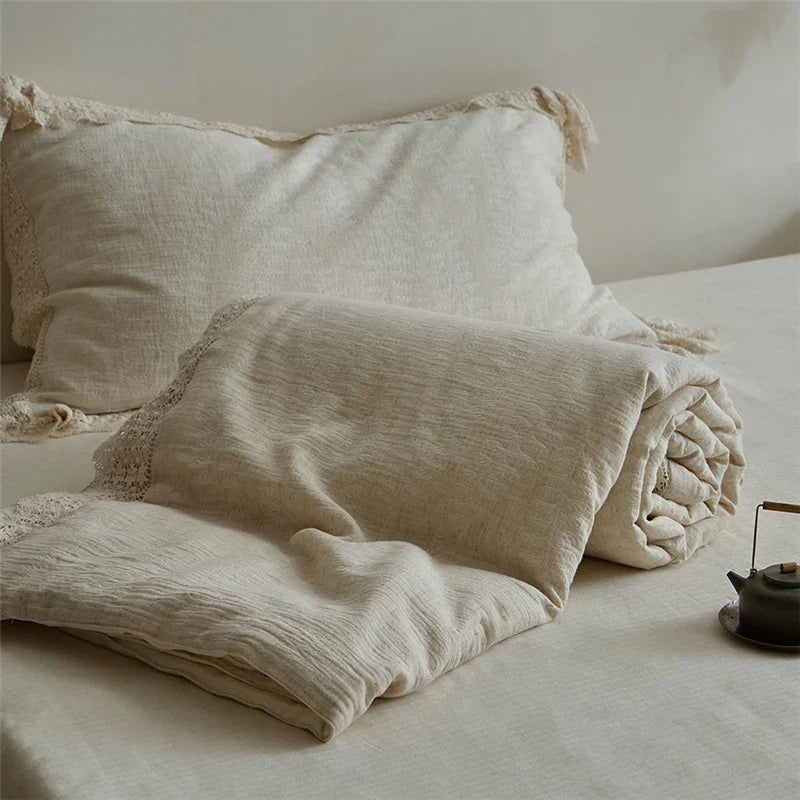 Quilted Bedspread Washed Linen Look Breathable Crochet Lace Trim
