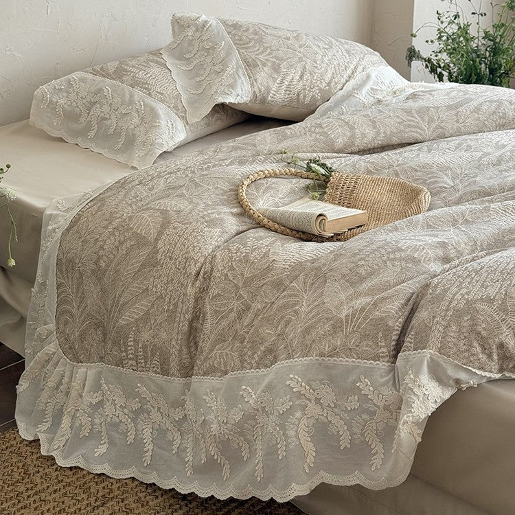 Quilted Duvet Set Botanical Jacquard Embroidered Lace Ruffle