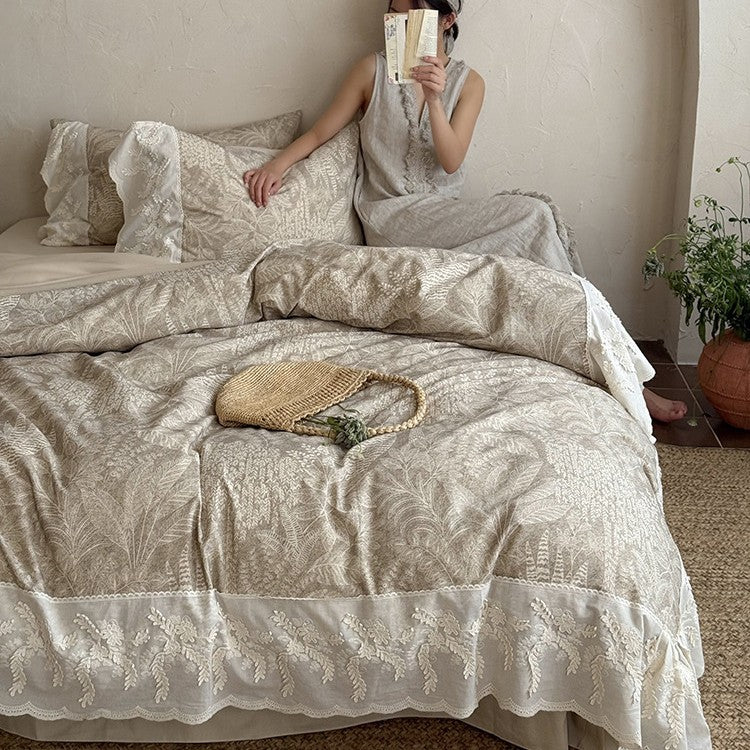 Quilted Duvet Set Botanical Jacquard Embroidered Lace Ruffle