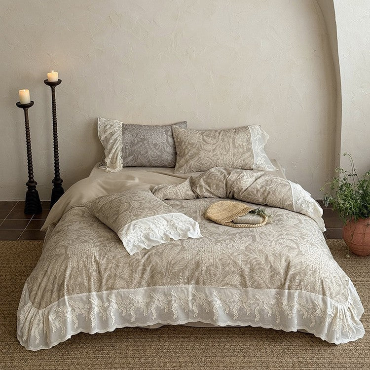 Quilted Duvet Set Botanical Jacquard Embroidered Lace Ruffle