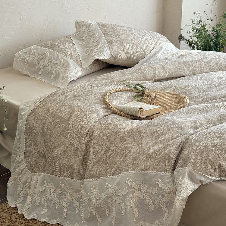 Quilted Duvet Set Botanical Jacquard Embroidered Lace Ruffle