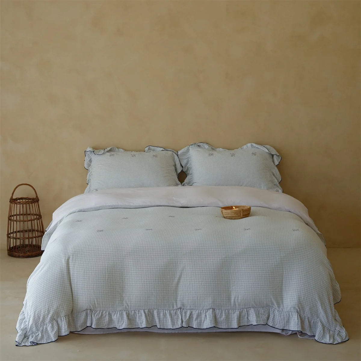Quilted Duvet Set Cotton Blend Gingham & Floral Embroidery
