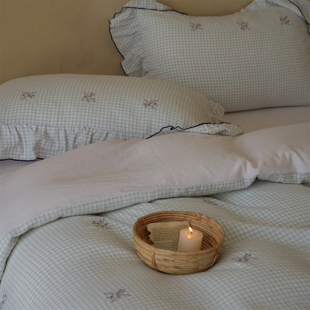 Quilted Duvet Set Cotton Blend Gingham & Floral Embroidery