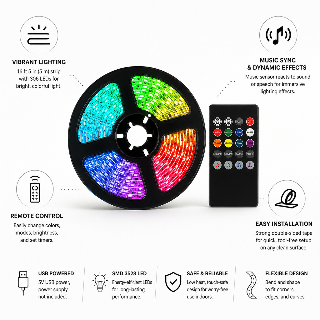 RGB Color-Changing, Music-Sync & Remote-Control LED Strip Light (5m)