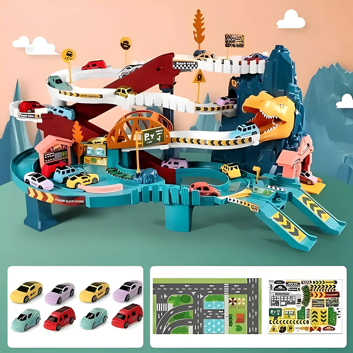 Race Track Playset Dinosaur Multi-Level With Eight Cars