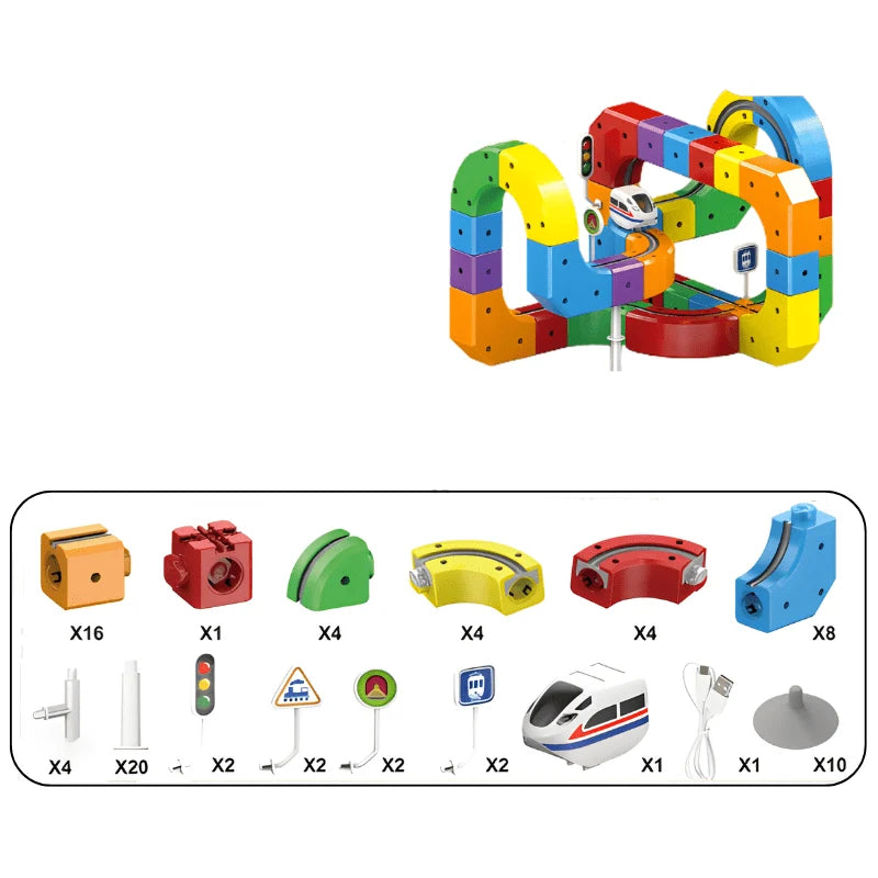 Railway Building Set Modular Tracks USB-Rechargeable Locomotive 51 Pieces