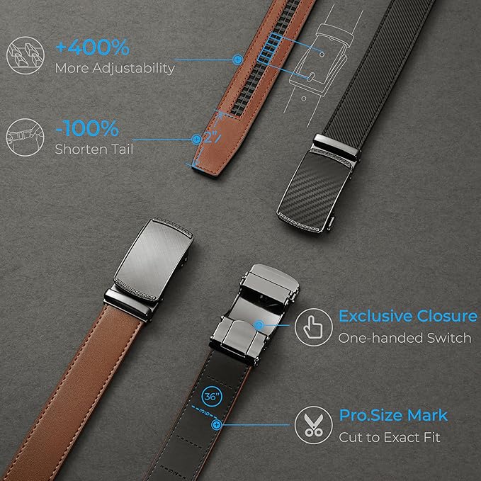 Ratchet Belt Full-Grain Leather 32-Position Micro-Adjustable