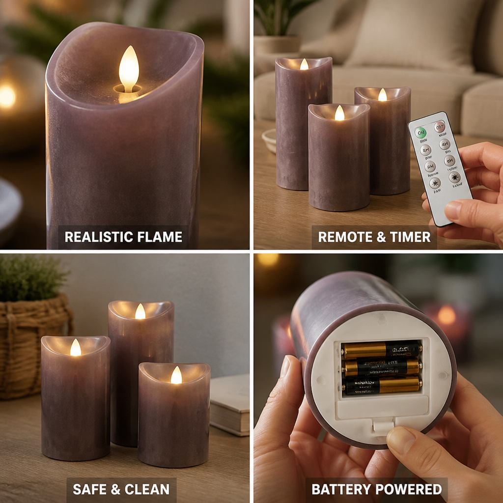 Realistic 3D Flame Remote & Timer LED Block Candles (Set of 3)