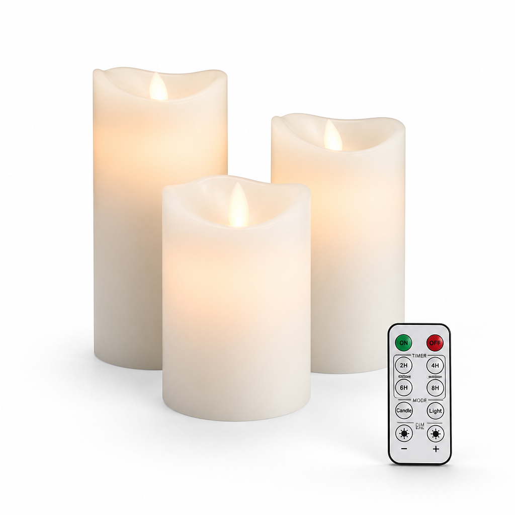 Realistic 3D Flame Remote & Timer LED Block Candles (Set of 3)