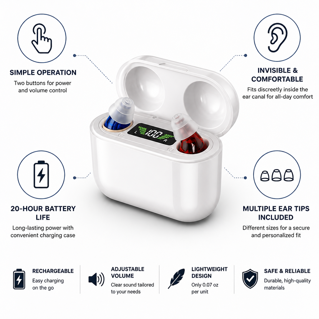 Rechargeable Invisible In-Ear Hearing Aid (20-Hour Battery)