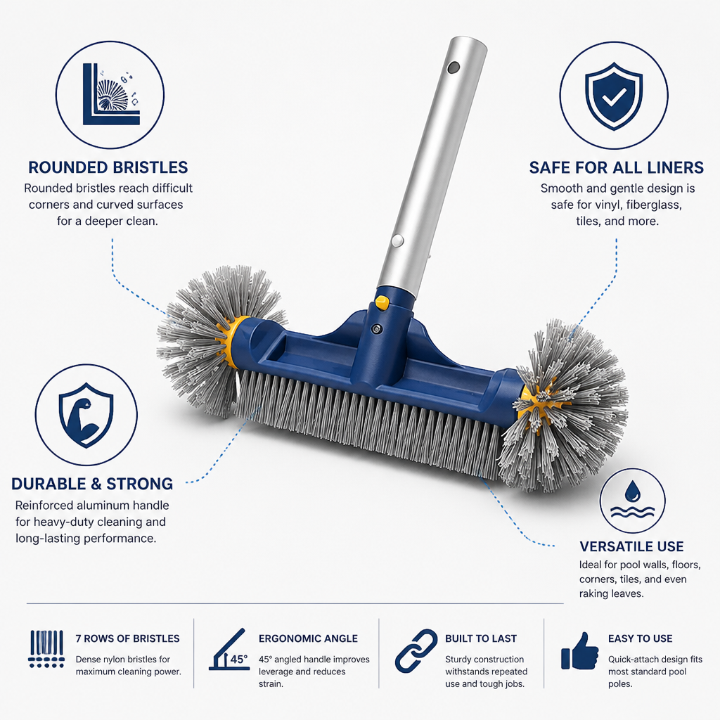 Reinforced Aluminum & Rounded Nylon Pool Brush (Safe for Vinyl Liners)