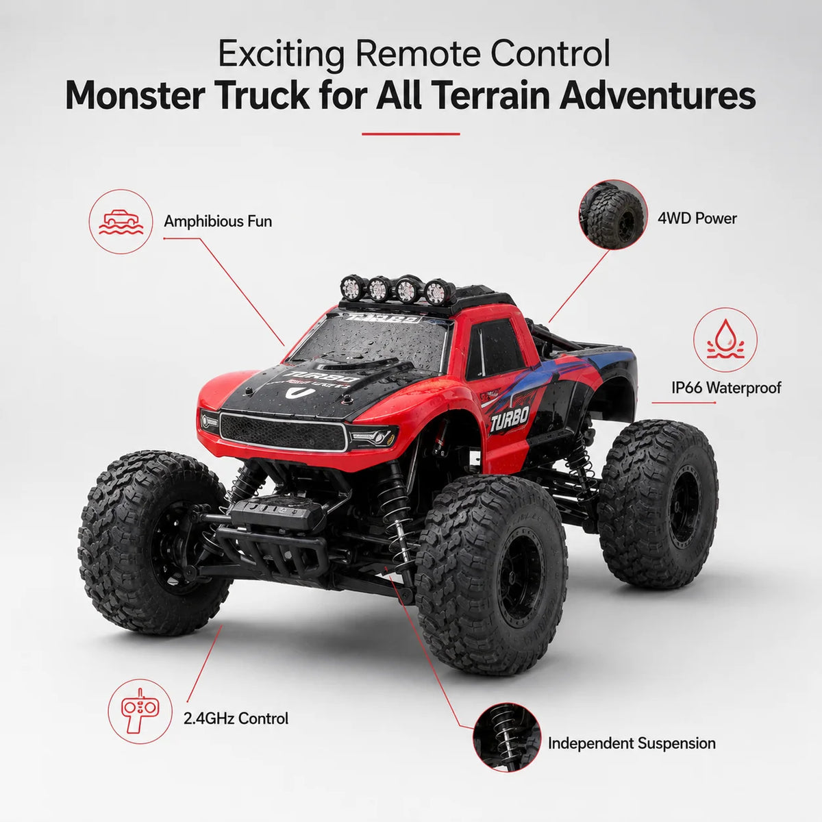 Remote Control Monster Truck Amphibious Four-Wheel Drive IP66 Water-Resistant