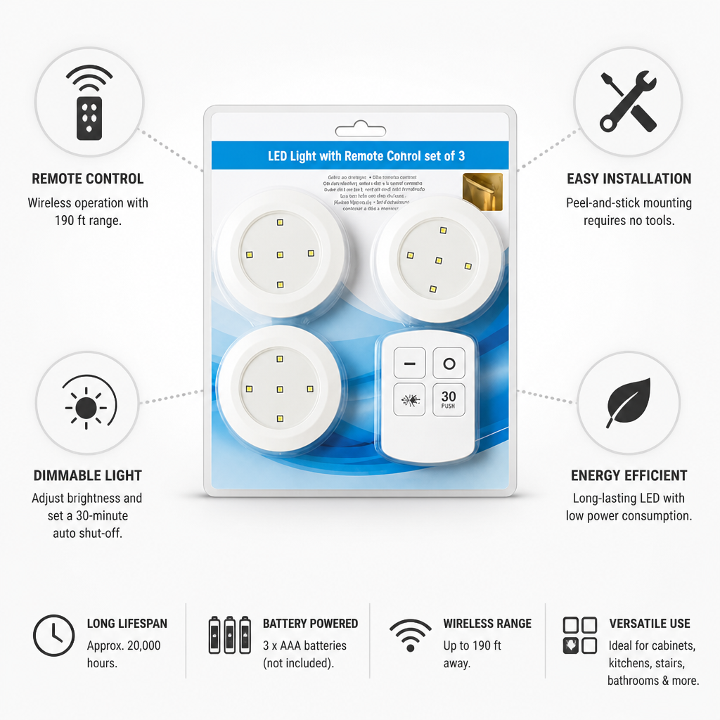 Remote-Controlled Dimmable Peel-And-Stick LED Spotlights (Set of 3)