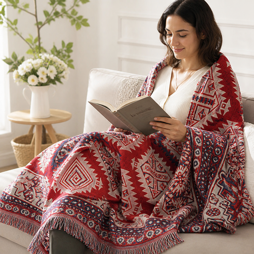 Reversible Bohemian Cotton-Blend Throw with Tassels