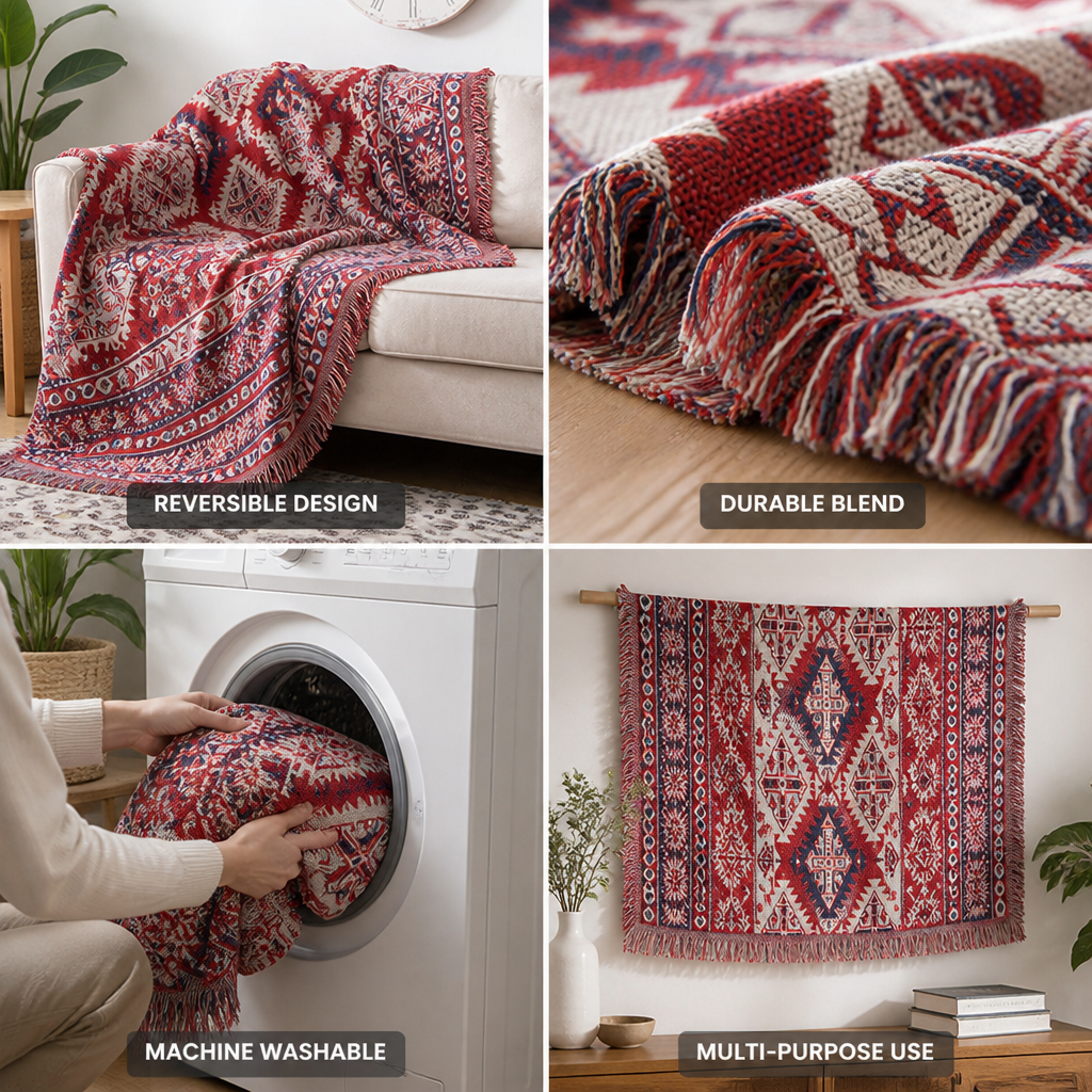Reversible Bohemian Cotton-Blend Throw with Tassels
