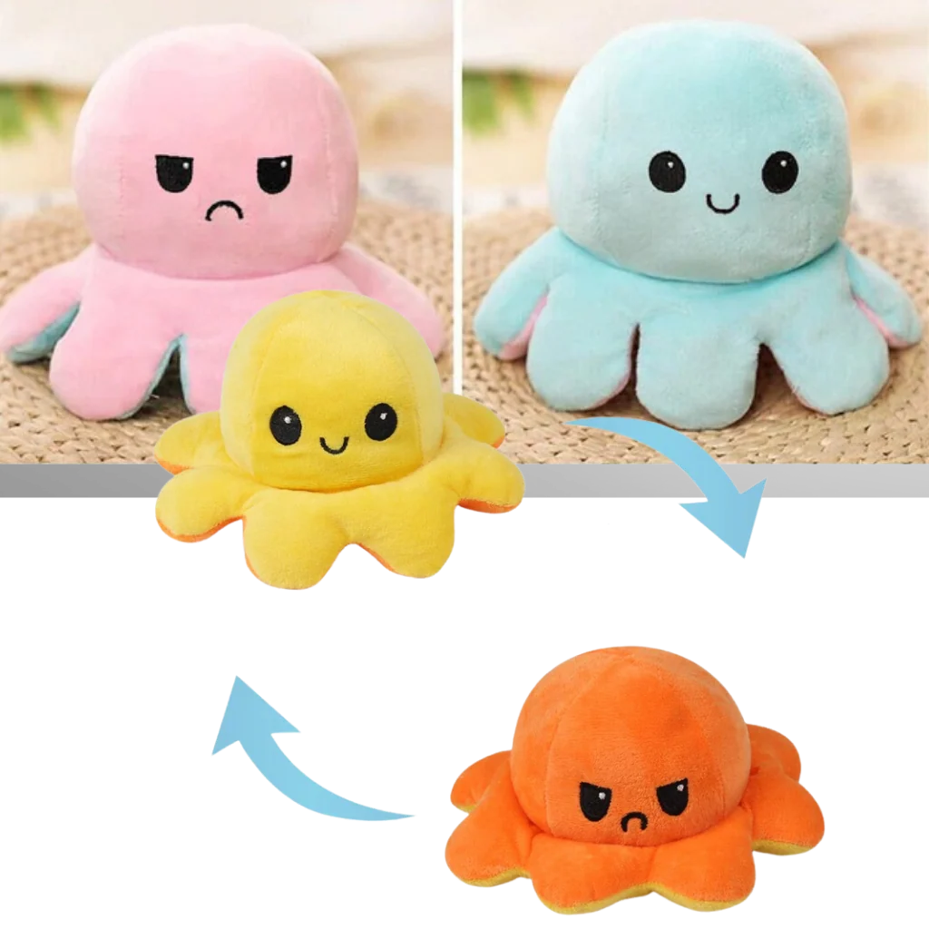 Reversible Octopus Plush Toy Happy & Sad Faces Soft Cotton Fabric