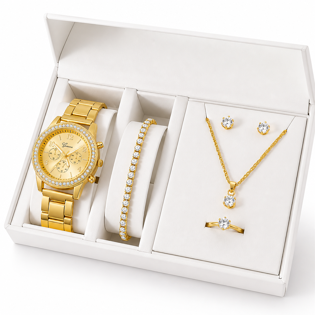 Rhinestone-Adorned Quartz Watch & Jewelry Set (6-Piece)