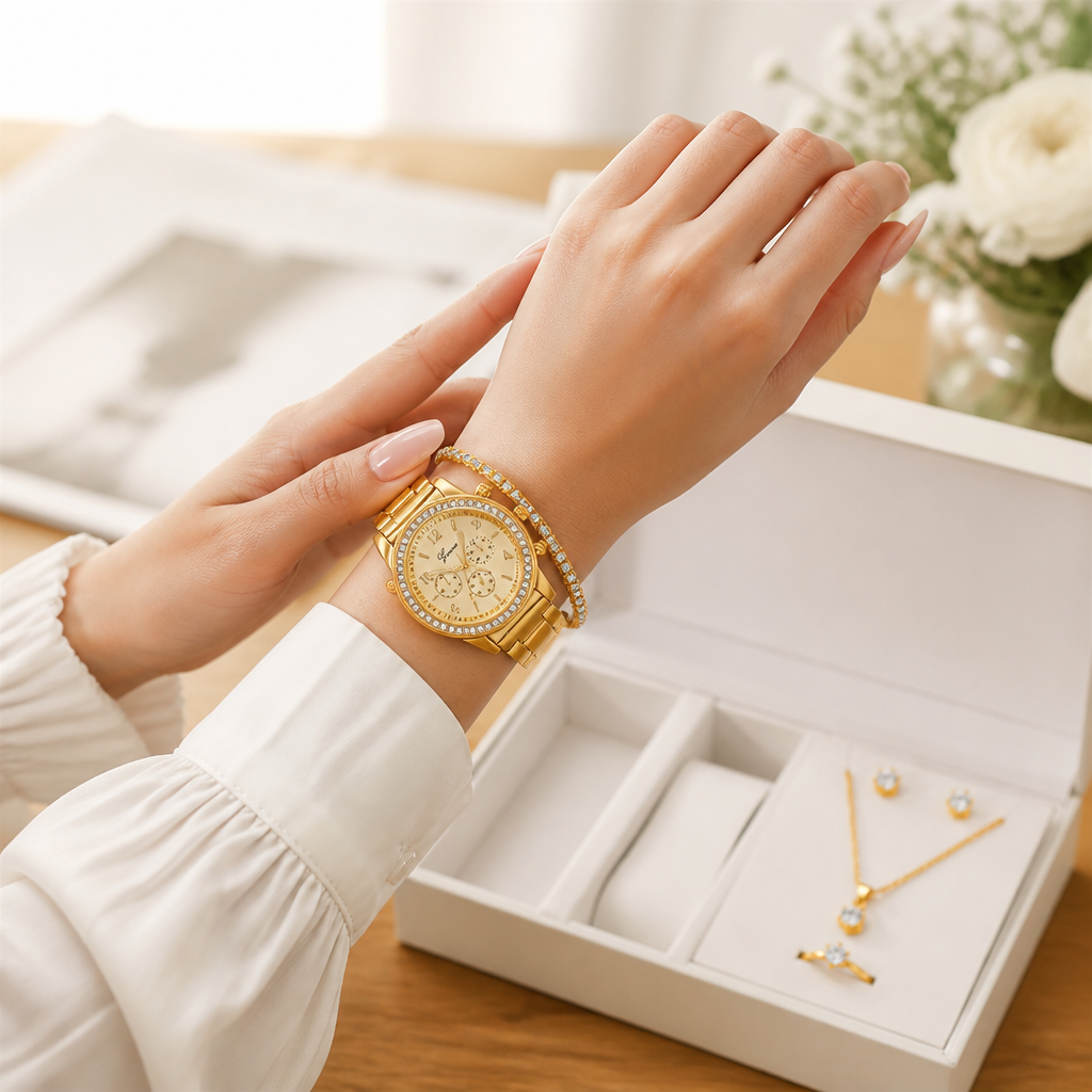 Rhinestone-Adorned Quartz Watch & Jewelry Set (6-Piece)